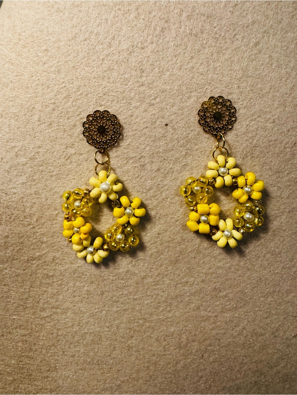 Yellow Floral Bead Hoop Earrings for Women
